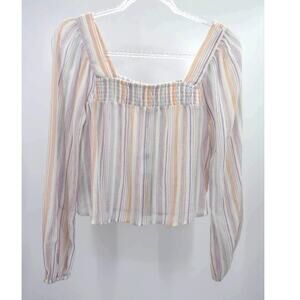 BCBGeneration Womens Multicolor Striped Smocked Long Sleeve Crop Blouse XS